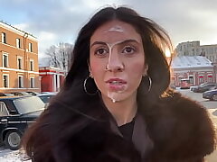 Girl agreed to walk with a stranger's Jizm on her face in a public place - Cumwalk
