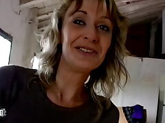 Skinny french blonde MILF fucked in the ass for cash in the wharehouse