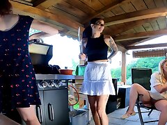 Steaming and horny Leon Lambert Gals sans undergarments have a BBQ Party Outdoors within Short Microskirt Summer Sundress