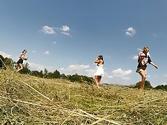 No Undies No Hooter-sling Girls Play Outdoors in the Horny to flash Jugs and Fuckbox on a Summer Day