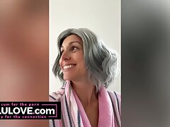 Big tits honey striptease naked mirror selfie, gray hair GILF wig, vocal warmups, closeup gash before after sex - Lelu Enjoy