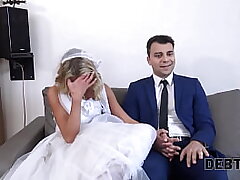 DEBT4k. Debt collector fucks the bride in a milky dress and stocking