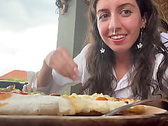 Munching pizza with cum on my face in a public cafe