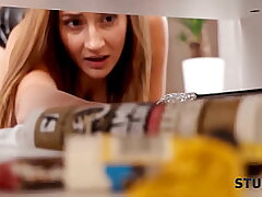 STUCK4K. Adorable girlfriend is glued to the table and needs help to get out
