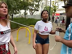 Ambling with girls on leashes in downtown Sao Paulo / Nymphs on leashes in street exhibitionism / hotties on leashes on the street