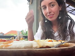 Ambling with spunk on face in cafe - Girl eats pizza and guzzles spunk - Cumwalk