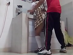 I FUCK MY CLASSMATE IN THE KITCHEN BUT MY Trouser snake DEVIATES AND Finishes UP STUCK IN HER Bootie UNTIL IT'S Crammed WITH CUM