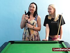 A humungous tits girly-girl couple playing billiard and using the stick in a new way