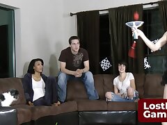 3 scorching femmes and one fortunate guy are playing a disrobe game togehter