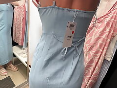 Fitting room. I spy on a big-titted beauty switching clothes and smash her, concluding up in her honeypot