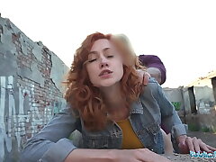 Public Agent Killer redhead waitress sucks hard-on and gets banged doggy style outside in public