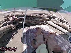 #2 Exhibitionist Wife Outdoor Amateur Cougar Handjob Big Cock on Nudity Beach public in front of voyeur with jizz shot - MissCreamy