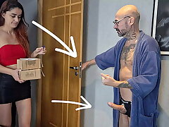 Delivery gal kept an eye on the senior pervert's erection!
