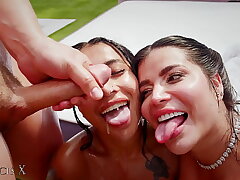 Outdoor Gang-bang 9 Guys Penetrate 2 Tramps in Undergarments with Anal and DP
