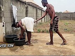 Fresh tenant getting fucked in the backyard in standing doggy position.
