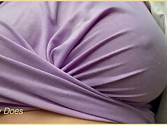 Wife is braless in this tight pinkish tee-shirt with her ideal tits displayed