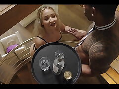 French slut deep-throat the trouser snake of dark-hued waiter and then called her beau to keep fucking in the room...