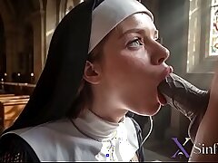 A huge-chested redheaded nun attempts a chisel for the first-ever time right in the church[AI]