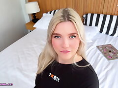 Huge-boobed blonde yells noisily in explicit Point of view vignette