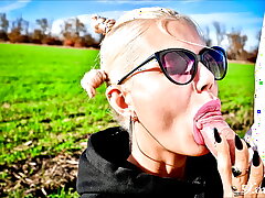 Uber-cute cutie deep-throats my bone in the middle of a field and gets cum in her gullet