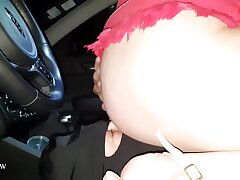 BS010619  003115 SV Katya is driving  her car dressed in her crimson mini mini-skirt and  using her gimp as a human driver seat cushion