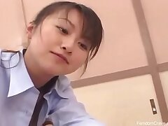 Asian educator penalizing bully with her strap dildo