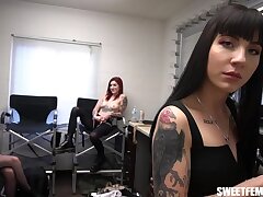 3 Cocksluts in a Dressing Bedroom Make You Jack Your Little Dick