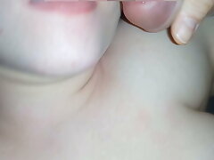 Cum on her smiley jaws with her helping tongue