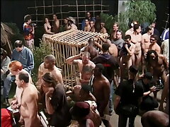 Chesty dark-hued hoe gets her puss banged rigid by many fuck-sticks