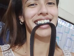 Caning my clit with a belt for my penalty