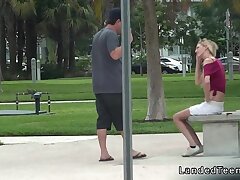 Huge-boobed blonde teen nailing in the truck in public