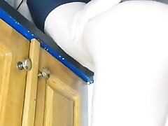 Teenie spread her legs in the kitchen for fucking in a saucy pussy Point of view