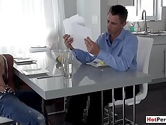 Busty Cougar step-mother blows her son next to stepparent