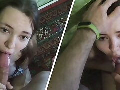 My husband's friend fucks me in the mouth with a huge dick and concludes up with a lot of sperm. I love cum