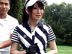 Lecturer and other Studs chat Asian Teenie to Blowbang at Golf Lesson