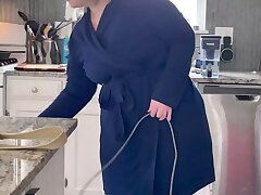 Spy on mother cleaning bare in the kitchen