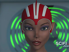 Sci-Fi lust. 3d space she-creature plays with a insane gal