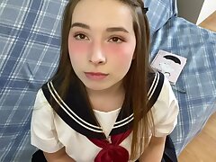 Hottie in Japanese college uniform touches your cock and gets embarrassed