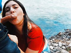 Risky sultry blowjob in nature outdoors.