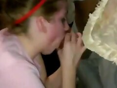 Blond cockslut deep throats off 2 black dicks
