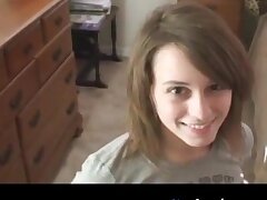 Cute dark blond gal sucks salami and gags on aged guys jizm