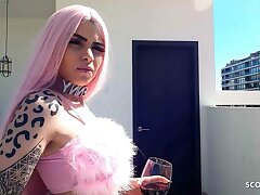 Pink Hair German Teen Cent in Fishnet Stockings Outdoor Sex by elderly Guy