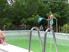 My boyfriend watches me sunbathe while the maintenance stud cleans our pool. My boyfriend pays him a fortune so in addition to cleaning the pool he showcases me his ass
