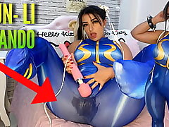 Wondrous costume play girl clothed as Chun Li from street fighter toying with her htachi vibrator cumming and wetting her panties and trousers ahegao