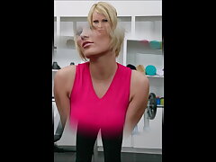 Blue-eyed platinum-blonde releases her great boobs while getting nake