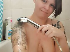 Morning douche demonstrate Soapy big innate tits Tit massage in bathtub