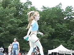Inexperienced blonde is on the stage teasing the crowd