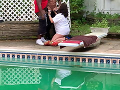 Slut wifey gargling big black cock at the pool side