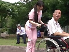 Subtitled bizarre Japanese half naked caregiver outdoors