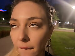 Street pick up of shameless slut. Stranger touch her orbs right in public park.
